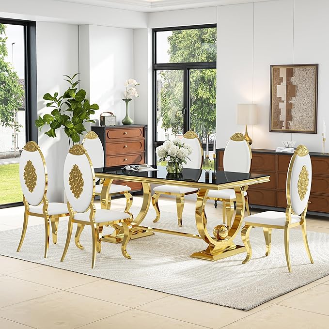 7-Piece Modern Dining Table Set, 70" Black Tempered Glass Kitchen Table with Gold Polished Stainless Steel U-Shaped Pedestal Base and 6 White PU Leather Chairs with Mirrored Legs, for Dining Room