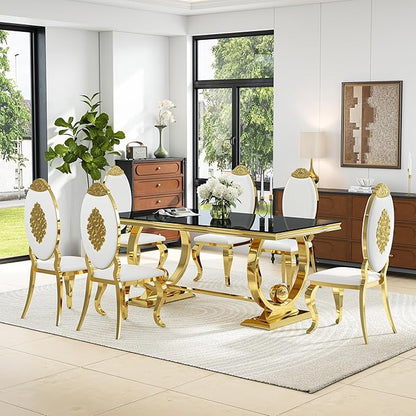 7-Piece Modern Dining Table Set, 70" Black Tempered Glass Kitchen Table with Gold Polished Stainless Steel U-Shaped Pedestal Base and 6 White PU Leather Chairs with Mirrored Legs, for Dining Room