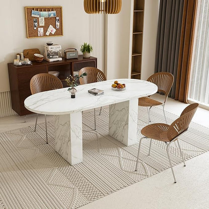 Modern Dining Table for Kitchen Space Saving Kitchen & Dining Room Furniture with Sturdy Frame Construction Easy Assembly 62.9 Inch Oval Farmhouse Table,White-MDF