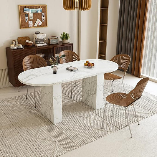 Modern Dining Table for Kitchen Space Saving Kitchen & Dining Room Furniture with Sturdy Frame Construction Easy Assembly 62.9 Inch Oval Farmhouse Table,White-MDF