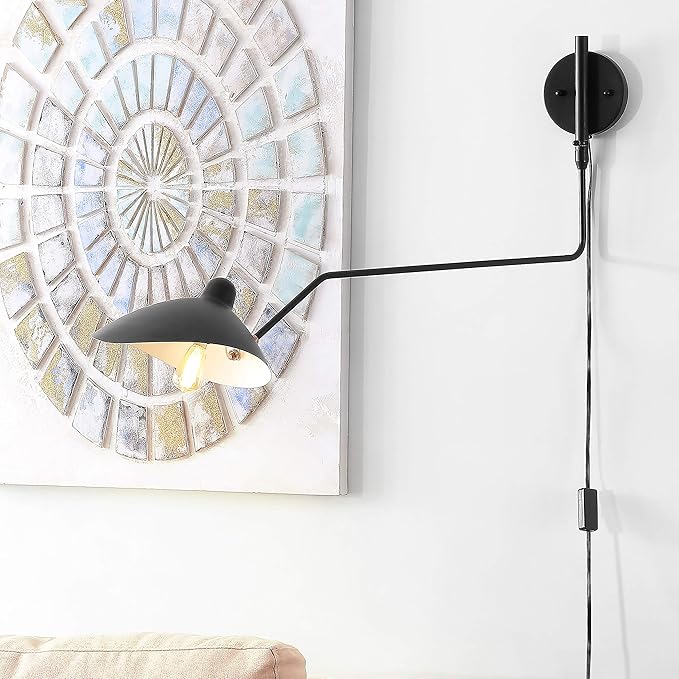 JONATHAN Y 8.5" Black/Brass Gold Retro Swing Arm LED Wall Sconce, Mid-Century Modern Iron Plug-in Light for Bedroom, Living Room, Adjustable Metal Bowl Shade (JYL9067B)
