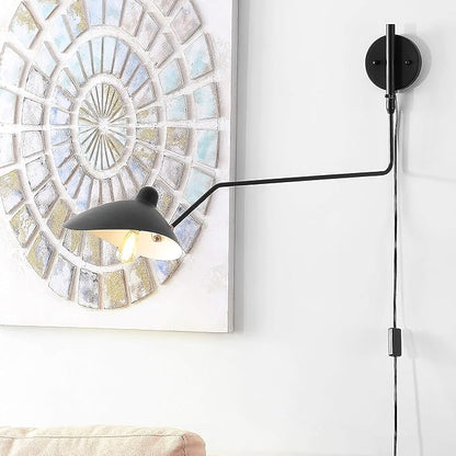 JONATHAN Y 8.5" Black/Brass Gold Retro Swing Arm LED Wall Sconce, Mid-Century Modern Iron Plug-in Light for Bedroom, Living Room, Adjustable Metal Bowl Shade (JYL9067B)
