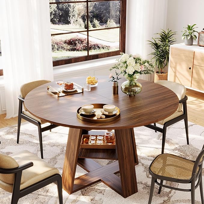 COSIEST 43.3in-59in Extendable Round Dining Table for 4-8 People, Modern Oval Kitchen Table with Storage Shelf & Removable Leaves, Space Saving Wood Dinner Table for Kitchen Living Room(Walnut)