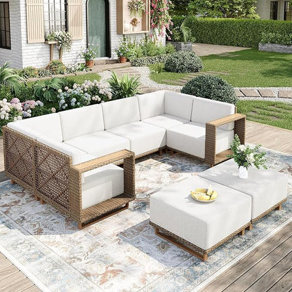 MIXPATIO Patio Sectional Furniture Set, 6 Piece Outdoor Wicker Sofa Patio Couch Set, Yellow Rattan Modular Outdoor Conversation Sets with 10" Thick Cushions, Low Profile Deck Lawn Garden Furniture