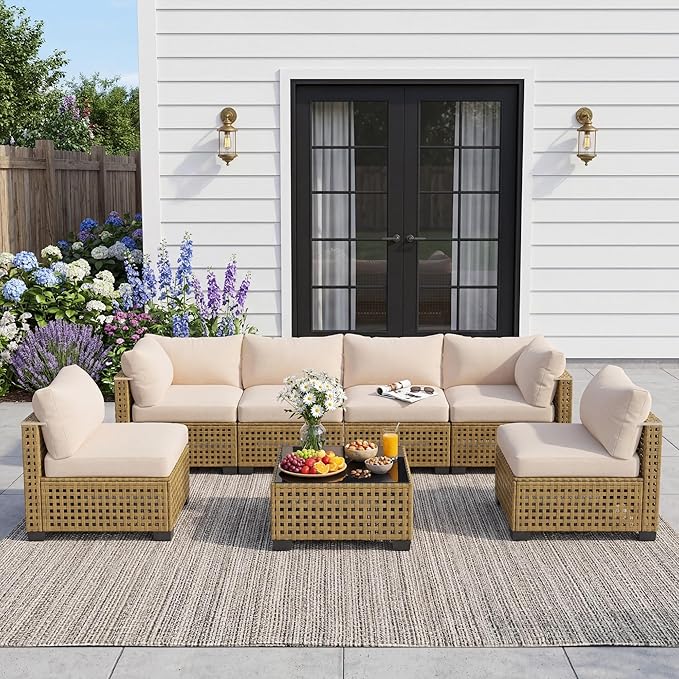 Patio Furniture Set, 7-Piece Outdoor Sectional Couch with Coffee Table & Thick Cushions, Outdoor Wicker Conversation Set for Backyard, Poolside, Garden (Yellow-White, 7 Piece-Single)