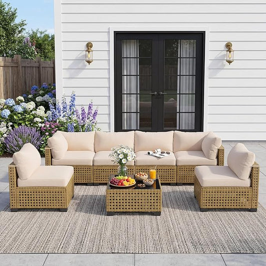 Patio Furniture Set, 7-Piece Outdoor Sectional Couch with Coffee Table & Thick Cushions, Outdoor Wicker Conversation Set for Backyard, Poolside, Garden (Yellow-White, 7 Piece-Single)