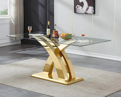 70" Glass Dining Table for 6-8, Modern Dining Room Table with 0.39" Tempered Glass Top and X-Shaped Gold Stainless Steel Base, Rectangle Kitchen Dinner Table