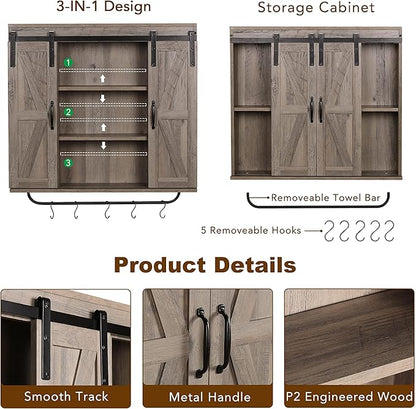 RUSTOWN Rustic Wood Wall Storage Cabinet with Two Sliding Barn Door, 3-Tier Decorative Farmhouse Vintage Cabinet for Kitchen Dining, Bathroom, Living Room, Washed Oak