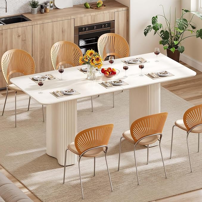DWVO 70.8 Inch Dining Table for 6-8 People Modern Rectangular Kitchen Table Large Cream White Dinner Table with Solid Wave Curved Legs for Dining Room Kitchen Home Office Apartment, White