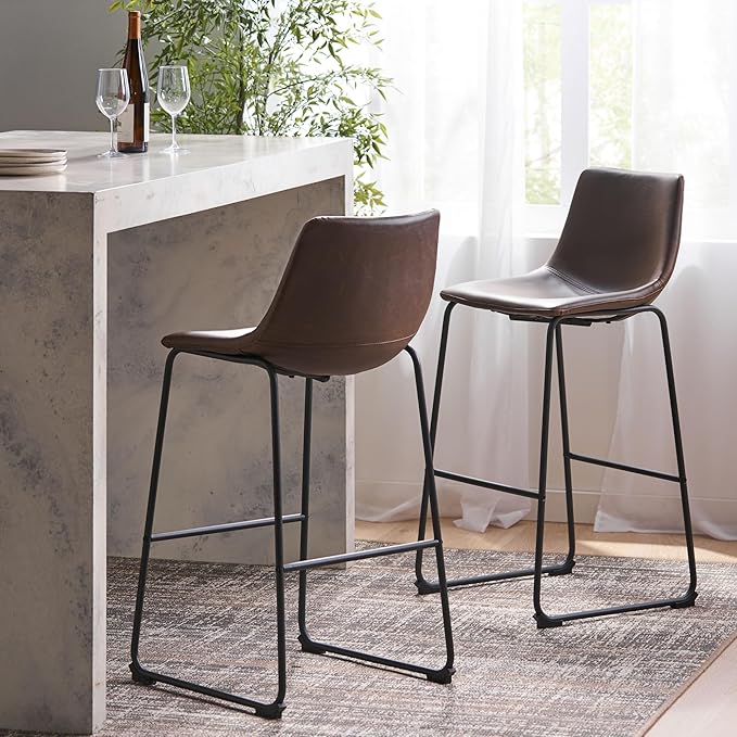 Harper & Bright Designs Set of 2 30" Cedric Faux Leather Barstool Vintage Brown