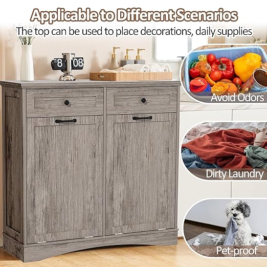 Double Tilt Out Trash Cabinet Freestanding Wooden Garbage Can Cabinet with Hideaway Drawers, 2x13 Gallons Pet Proof Garbage Can Holder for Kitchen Living Room, Grey