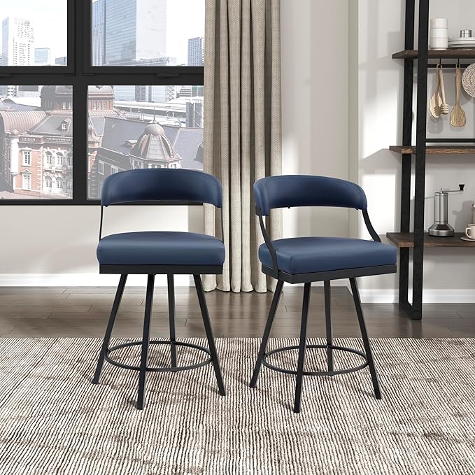 Lexicon Swivel Counter Height Stools Set of 2 - Counter Height Stools for Kitchen Island, Padded Seat, Open Back, Sturdy Black Metal Frame Finish and Blue Faux Leather Cushion Seat, Blue