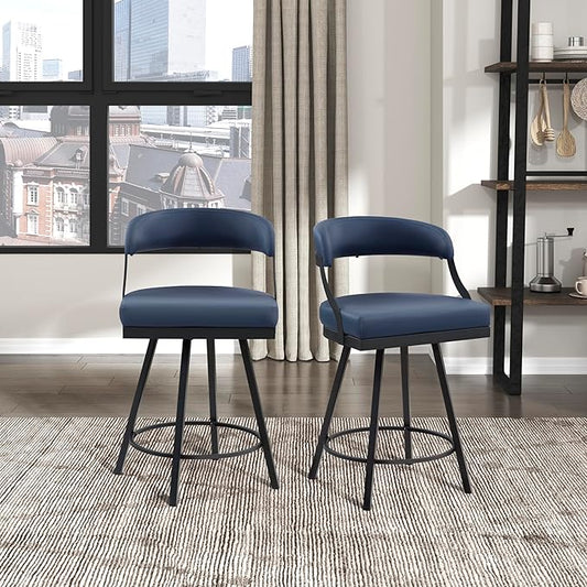 Lexicon Swivel Counter Height Stools Set of 2 - Counter Height Stools for Kitchen Island, Padded Seat, Open Back, Sturdy Black Metal Frame Finish and Blue Faux Leather Cushion Seat, Blue