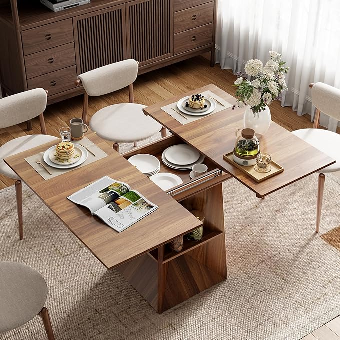 40"-54" Square Extendable Dining Table for 4/6/8, Modern Kitchen Table with Storage Shelf & Foot Support, Wood Dining Table for Living Room, Kitchen, Space Saving, Walnut