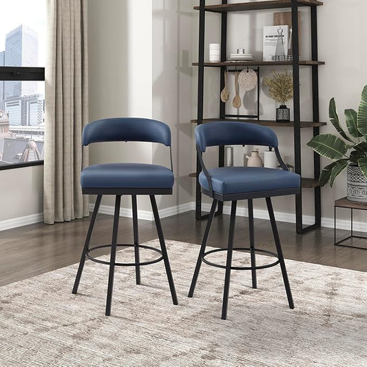 Lexicon Swivel Bar Stools Set of 2 - Bar Height Stools for Kitchen Island, Padded Seat, Open Back, Sturdy Black Metal Frame Finish and Blue Faux Leather Cushion Seat, Blue