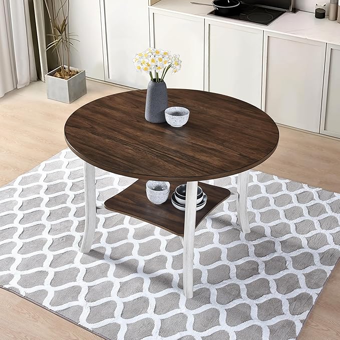 46" Sturdy Rustic Dark Wood Island Table, Rustic Dining Table with Modern Farmhouse Style, Farmhouse Dining Table with Storage Shelf for Small Gatherings, Antique Dark Oak,Antique White