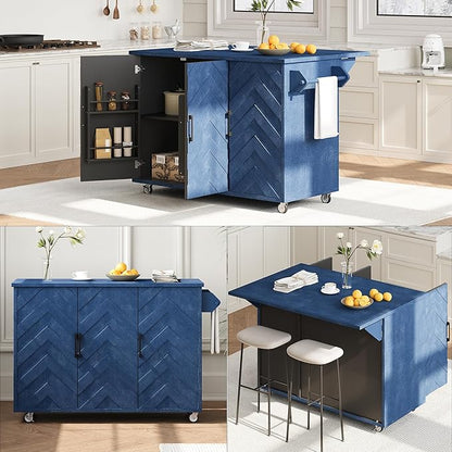 GOWE K&K 51.2" W 3D Wave Stripes Ash Veneer(Not Cheap Paper) Kitchen Island with Drop Leaf, Farmhouse Kitchen Island on Wheels with Internal Storage Rack, Rolling Kitchen Cart (Navy Blue)