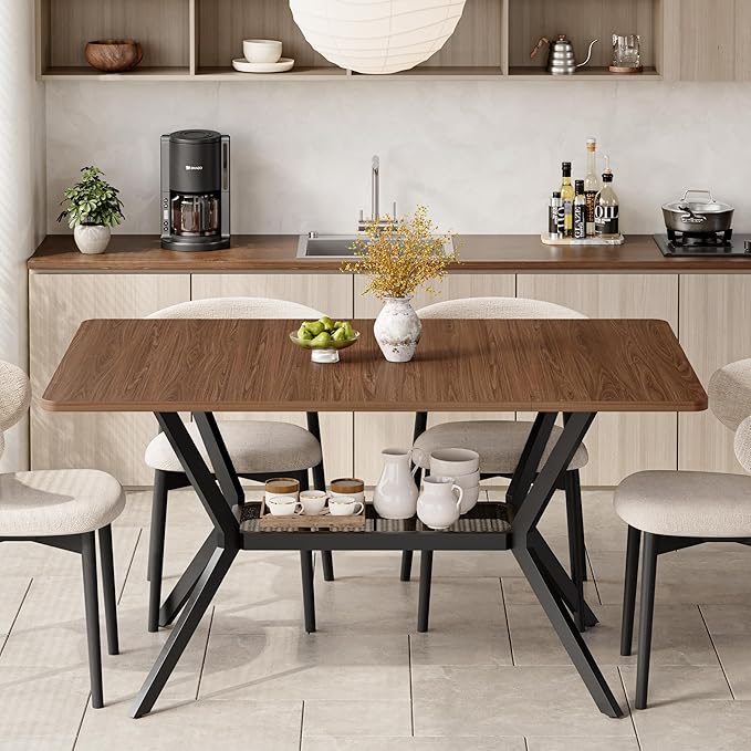 55 inch Dining Table for 4-6, Rectangle Kitchen Table with Storage Shelf, Space Saving Modern Farmhouse Design with Sturdy Metal Legs for Dining Room & Small Apartments