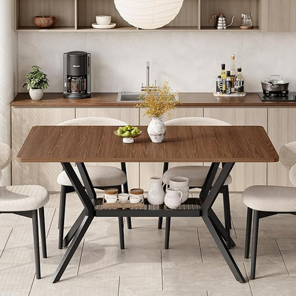 55 inch Dining Table for 4-6, Rectangle Kitchen Table with Storage Shelf, Space Saving Modern Farmhouse Design with Sturdy Metal Legs for Dining Room & Small Apartments