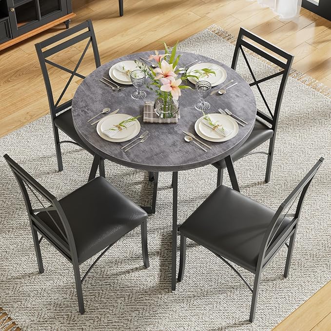 VECELO 35" Round Dining Table for 4, Wood-Grain Tabletop & Heavy-Duty Steel Frame, for Kitchen, Living Room, Easy Assembly, Dark Grey