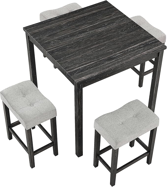 Ball & Cast 5 Piece Wooden Dining Table and Chairs Set for 4, 24"H Tufted Counter Stools with 34.2" Square Bar-Table, Industrial Breakfast Table with 4 Padded-Stool for Kitchen Island Playroom, Black