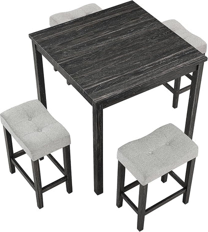 Ball & Cast 5 Piece Wooden Dining Table and Chairs Set for 4, 24"H Tufted Counter Stools with 34.2" Square Bar-Table, Industrial Breakfast Table with 4 Padded-Stool for Kitchen Island Playroom, Black