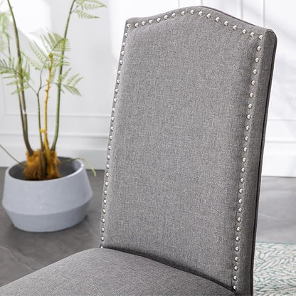 Upholstered Dining Chair Modern Stylish Parsons Kitchen Diner High Back with Silver Nailhead Trim & Wood Legs, Set of 2, Fabric Classic Grey