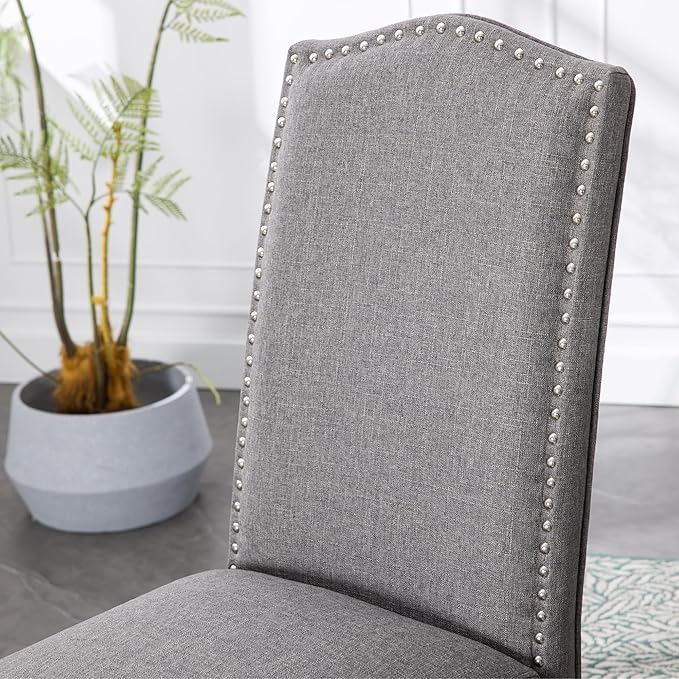 Upholstered Dining Chair Modern Stylish Parsons Kitchen Diner High Back with Silver Nailhead Trim & Wood Legs, Set of 4, Fabric Classic Grey