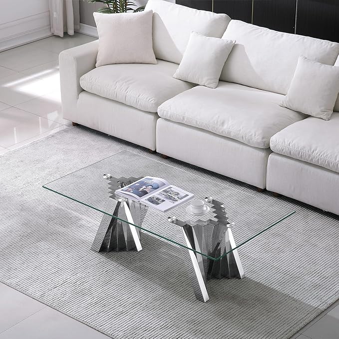 Henf Silver Glass Coffee Table with Mirrored Stainless Steel Base, 51"" Rectangle Modern Living Room Table Cocktail Table Luxury Tea Table Coffee Table for Home Office Living Room