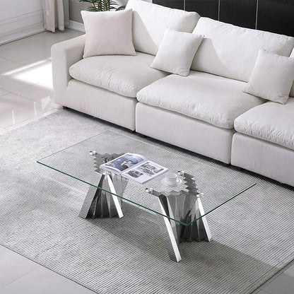 Henf Silver Glass Coffee Table with Mirrored Stainless Steel Base, 51"" Rectangle Modern Living Room Table Cocktail Table Luxury Tea Table Coffee Table for Home Office Living Room