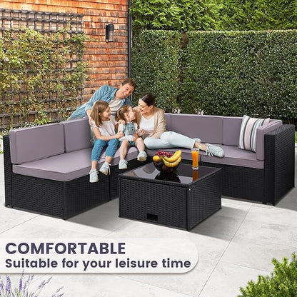 KROFEM 8-Piece Patio Furniture Set, Outdoor Wicker Rattan Sectional with Thick Cushions, Glass Top Table with Hidden Storage, Outdoor Conversation Set for Backyard, Porch, Patio, Light Grey