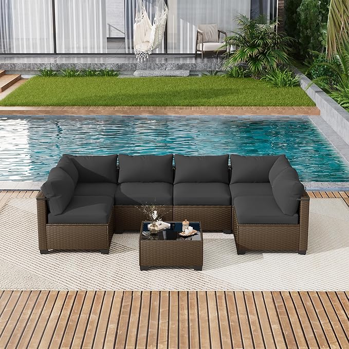LOUVIXA 7 Piece Outdoor Patio Furniture Set, Outdoor Sectional Sofa, Wicker Rattan Patio Furniture, Patio Conversation Set with Coffee Table & Cushions