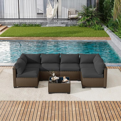 LOUVIXA 7 Piece Outdoor Patio Furniture Set, Outdoor Sectional Sofa, Wicker Rattan Patio Furniture, Patio Conversation Set with Coffee Table & Cushions
