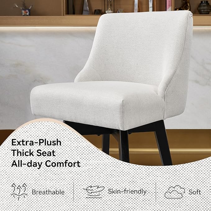 Counter Height Bar Stools Set of 2, Swivel Barstools with Backs and Wood Legs, Linen Fabric Upholstered Counter Stools for Kitchend Island, Mid-Century Modern 26" Seat Height Bar Chairs, Cream