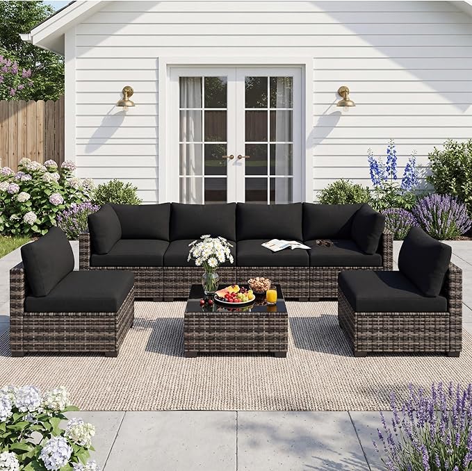 Patio Furniture Set, 7-Piece Outdoor Sectional Couch with Coffee Table & Thick Cushions, Outdoor Wicker Conversation Set for Backyard, Poolside, Garden (White-Black, 7 Piece-Single)