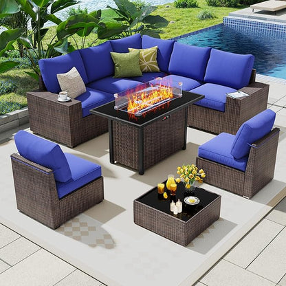 9 Piece Outdoor Patio Furniture Set with 43'' Fire Pit Table, Outdoor Sectional Furniture, Rattan & Wicker Modern Modular Conversation Set Sofa Couch W/Water Resistant Thick Cushions, Brown/Blue