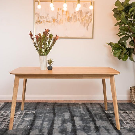 59" Mid-Century Modern Island Table, Rustic Dining Table with Rubberwood Legs, Farmhouse Dining Table with Faux Wood Top for Dining Spaces, Natural