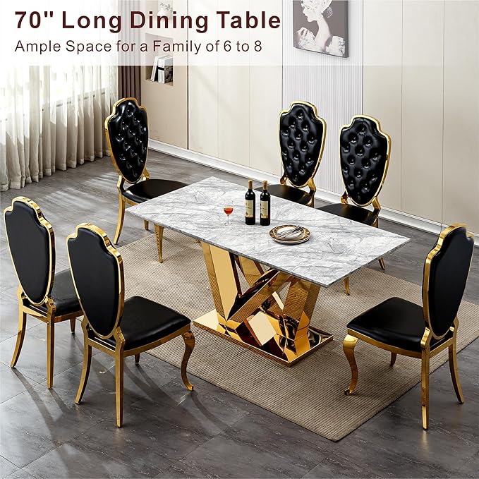 70" Marble Dining Table for 6-8, Modern Luxury Gold Rectangular Large Kitchen Table, Marble Grain MDF Tabletop & Stainless Steel Base, Dinner Furniture for Kitchen Dining Room, Meeting Room, Grey