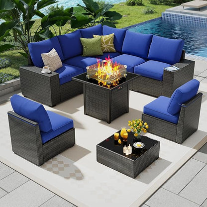 9 Piece Outdoor Patio Furniture Set with 28'' Fire Pit Table, Outdoor Sectional Furniture, Rattan & Wicker Modern Modular Conversation Set Sofa Couch W/Water Resistant Thick Cushions, Coffee/Blue