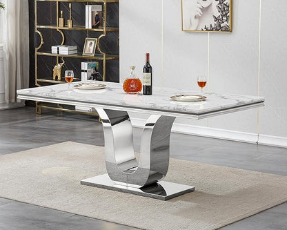 Henf 68" Modern Dining Table for 6, White Marble Kitchen Dining Room Table for 8, Large Rectangular Faux Marble Top and Silver U-Shape Steel Base, Rectangle Pedestal Table for Kitchen, Dining Room