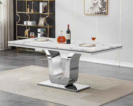 Henf 68" Modern Dining Table for 6, White Marble Kitchen Dining Room Table for 8, Large Rectangular Faux Marble Top and Silver U-Shape Steel Base, Rectangle Pedestal Table for Kitchen, Dining Room