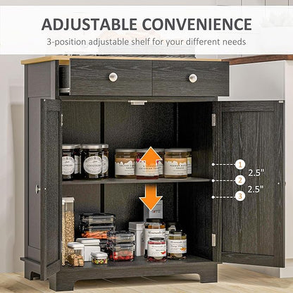 HOMCOM Sideboard Buffet Cabinet with Solid Wood Countertop, Modern Kitchen Storage Cabinet, Coffee Bar Cabinet with 2 Drawers, Doors and Adjustable Shelf, Distressed Black