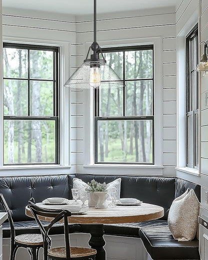 Black Pendant Light, HWH Hanging Light Fixtures for Dining Room, Bedroom, Glass Pendant Light for Kitchen Island with Seeded Glass, 5HYS89MIL-G1 BK