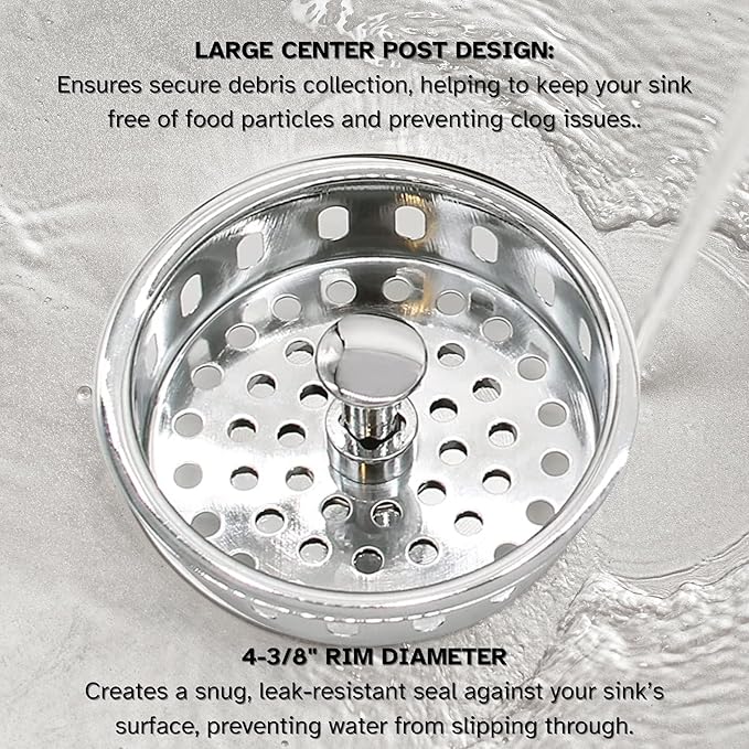 Westbrass A2165-05 4-1/4" OD Post Style Large Kitchen Basket Strainer with Waste Disposal Flange and Stopper Drain Set, Polished Nickel