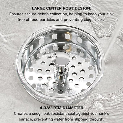 Westbrass A2165-05 4-1/4" OD Post Style Large Kitchen Basket Strainer with Waste Disposal Flange and Stopper Drain Set, Polished Nickel