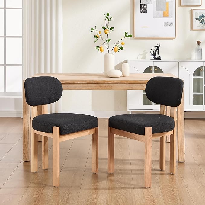 Chenille Dining Chairs Set of 6, Comfy Upholstered Dining Room Chairs Mid Century Modern Farmhouse Fabric Kitchen Chairs with Rubber Wood Legs for Dining Room Kitchen Island Home (Black)