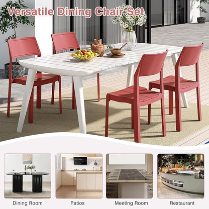 VECELO 4 Pack Plastic Dining Chairs, Stackable Patio Chairs for Indoor Outdoor Use in Kitchen, Poolside, No Assembly Required, Red
