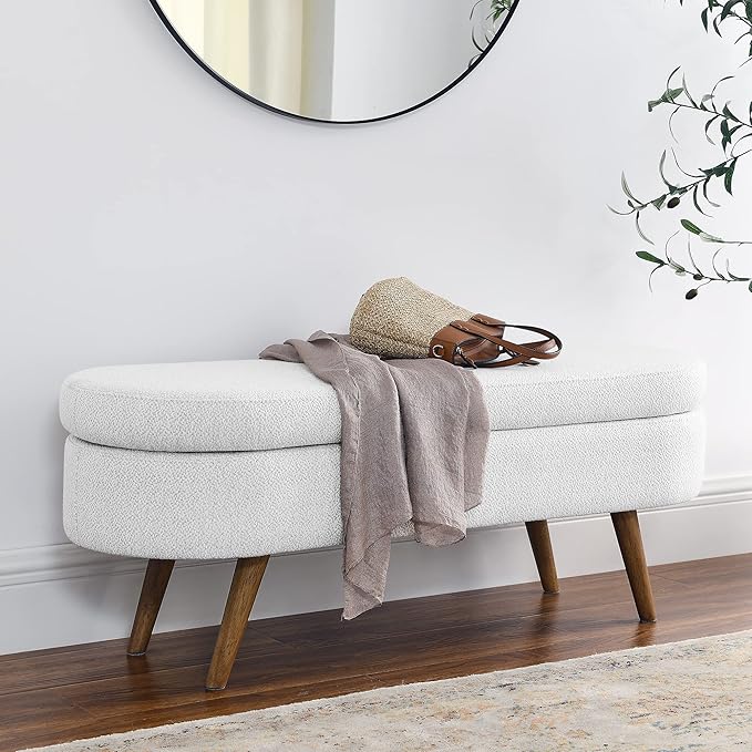 Modern Ottoman Bench with Storage - Versatile Bedside Pouf, Footstool, Toy Storage Ottoman for Bedroom, Living Room, Hallway Entryway, Multi-Use Furniture,White-Linen