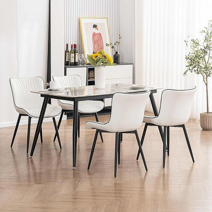 YOUTASTE Dining Chairs Set of 2, Mid Century Modern Upholstered Faux Leather Kitchen Room Chairs, with Black Metal Legs, Armless Accent Chair for Living Room, Bedroom, Vanity, White