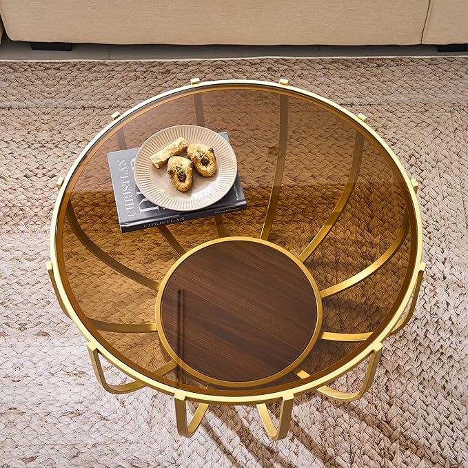 Saint Mossi 30" Glass Round Coffee Table for Living Room, Mid Century Modern 2-Tier Gold Drum Center Table, Brown Glass Top, Walnut Shelf with Gold Finish Legs & Frame, W30xH16.5